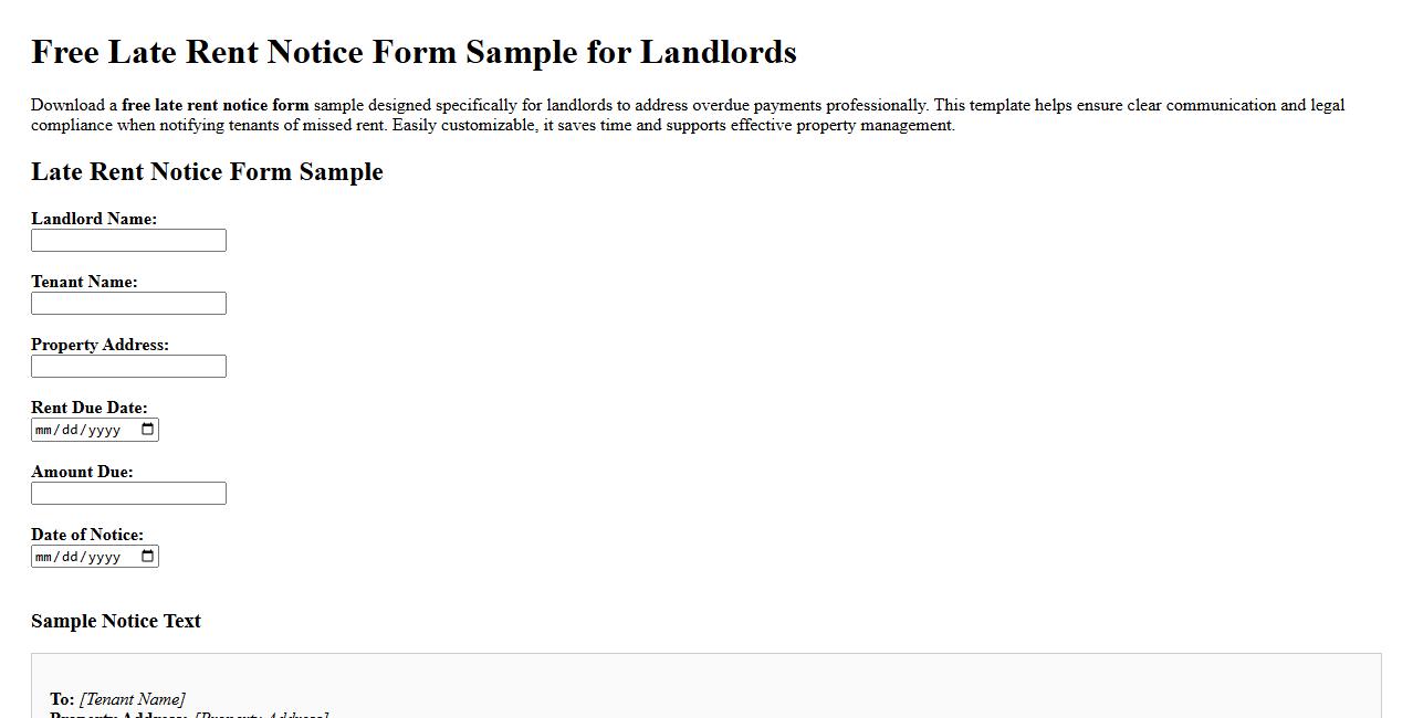 Free late rent notice form sample for landlords image preview