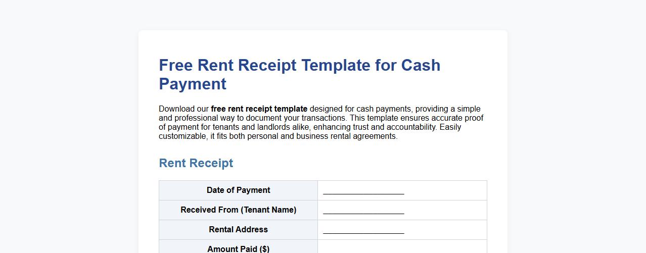 Free rent receipt template for cash payment image preview