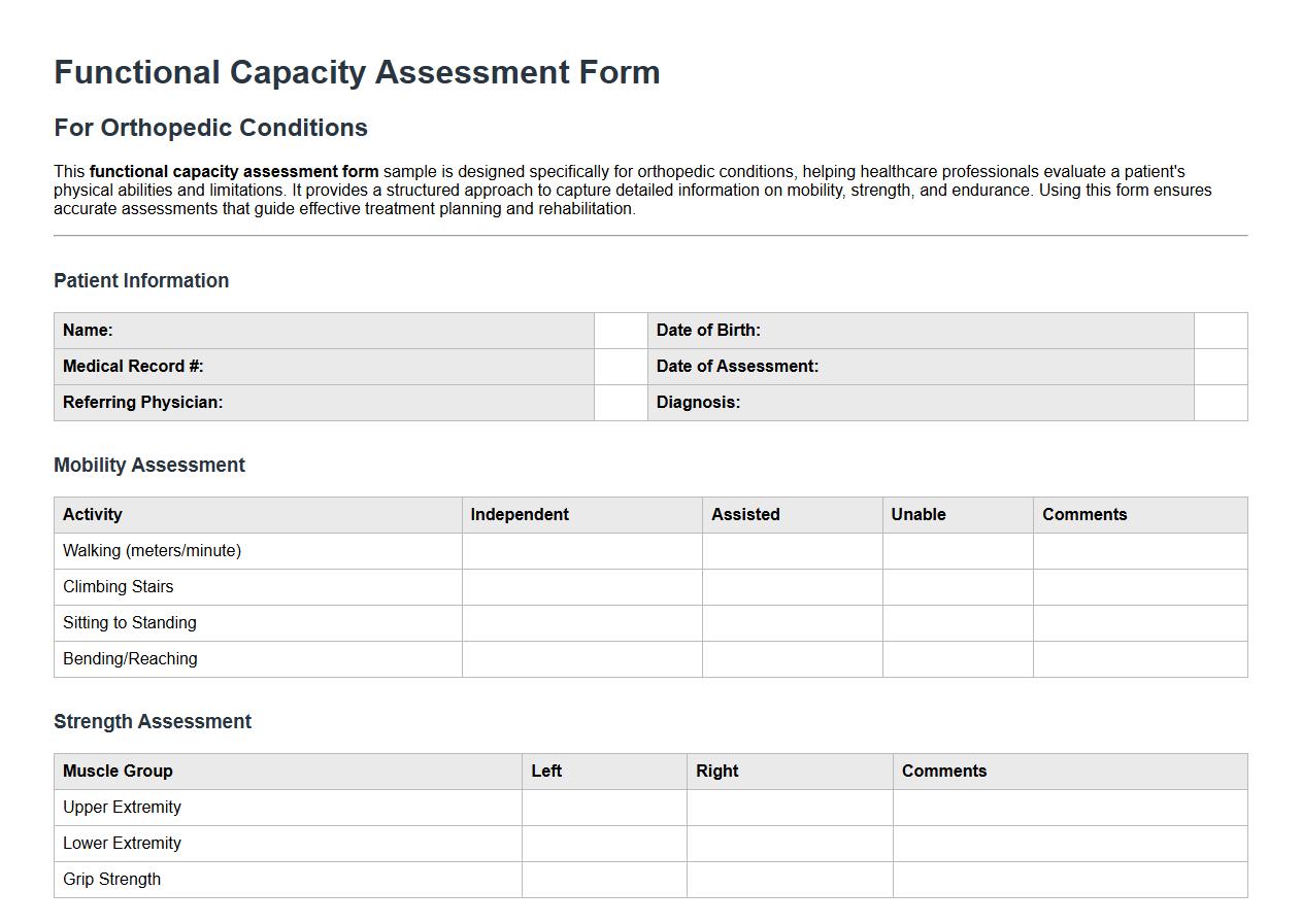 Functional capacity assessment form sample for orthopedic conditions image preview