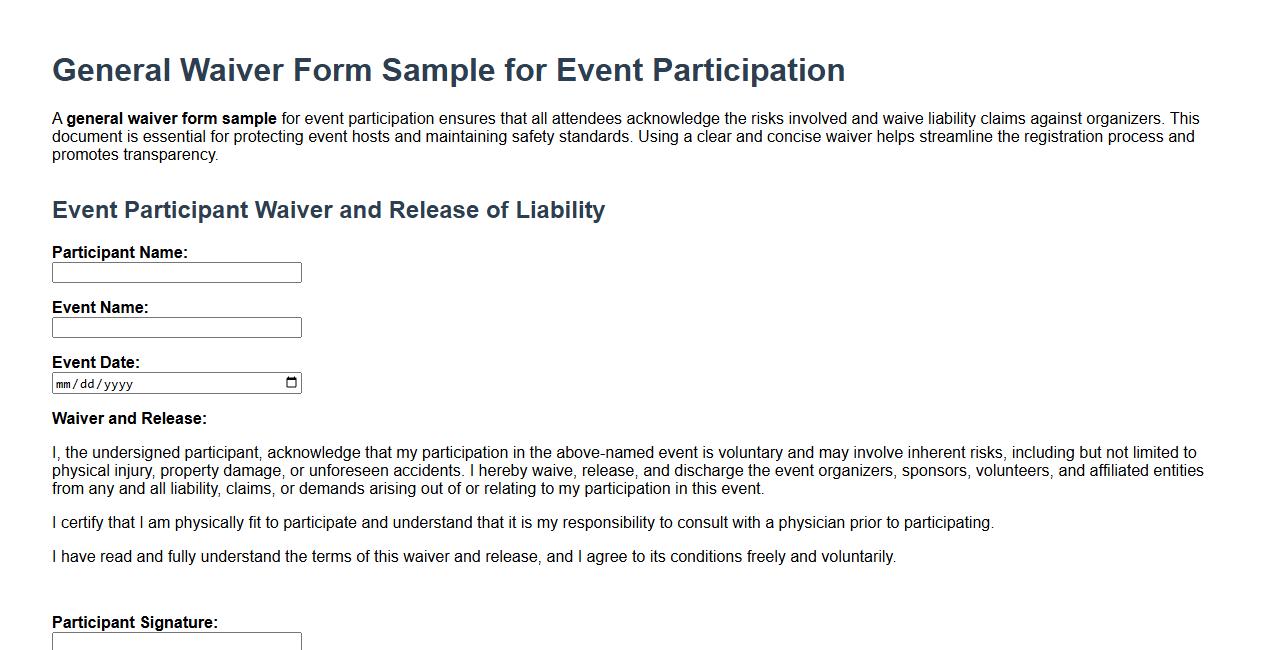 general waiver form sample for event participation image preview