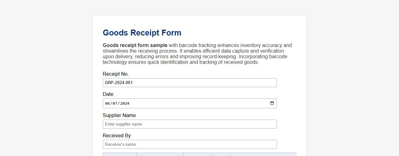 Goods receipt form sample with barcode tracking image preview