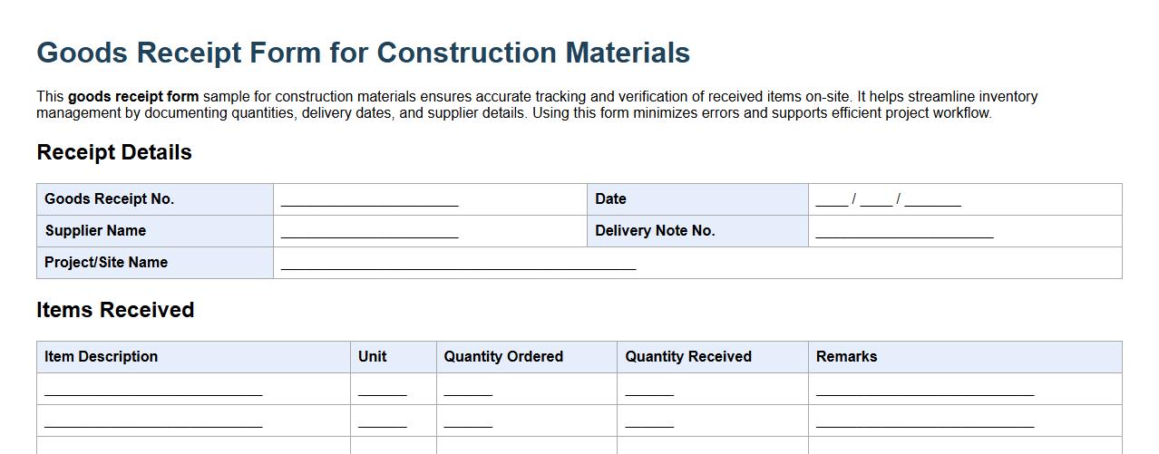 Goods receipt form sample for construction materials image preview