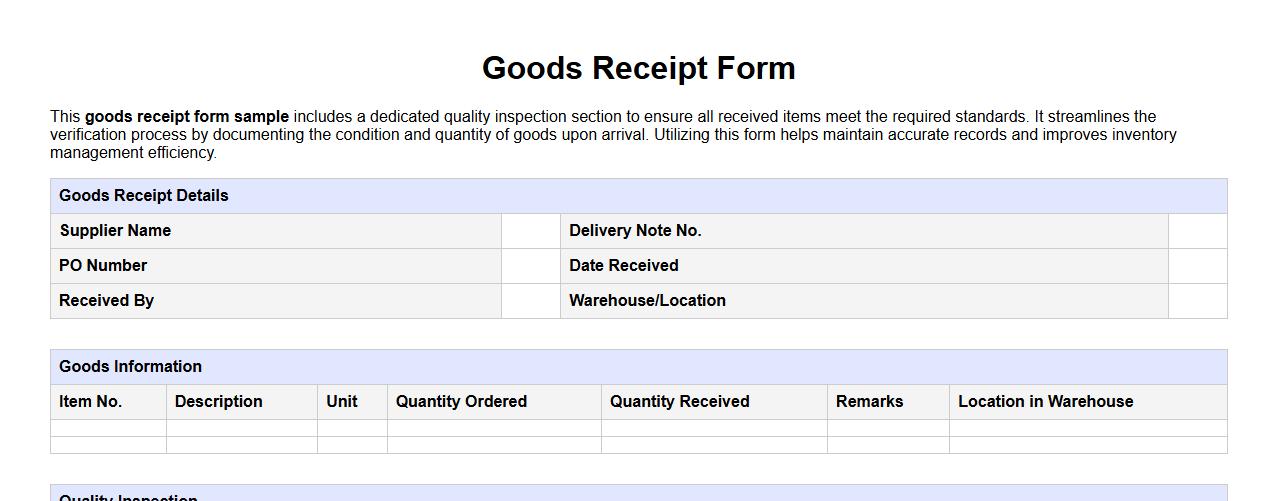 Goods receipt form sample with quality inspection section image preview