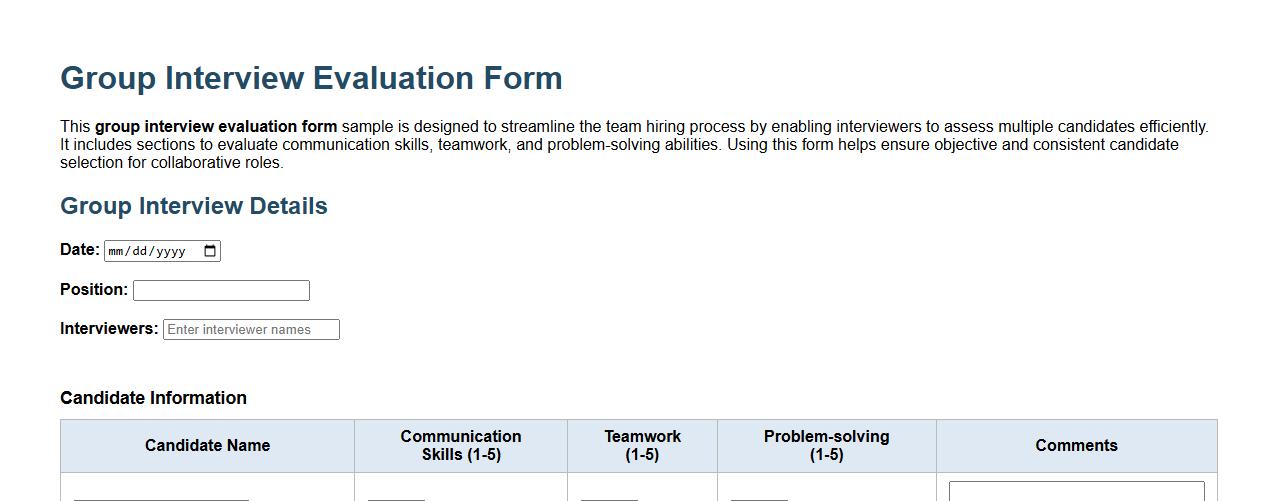 Group interview evaluation form sample for team hiring image preview