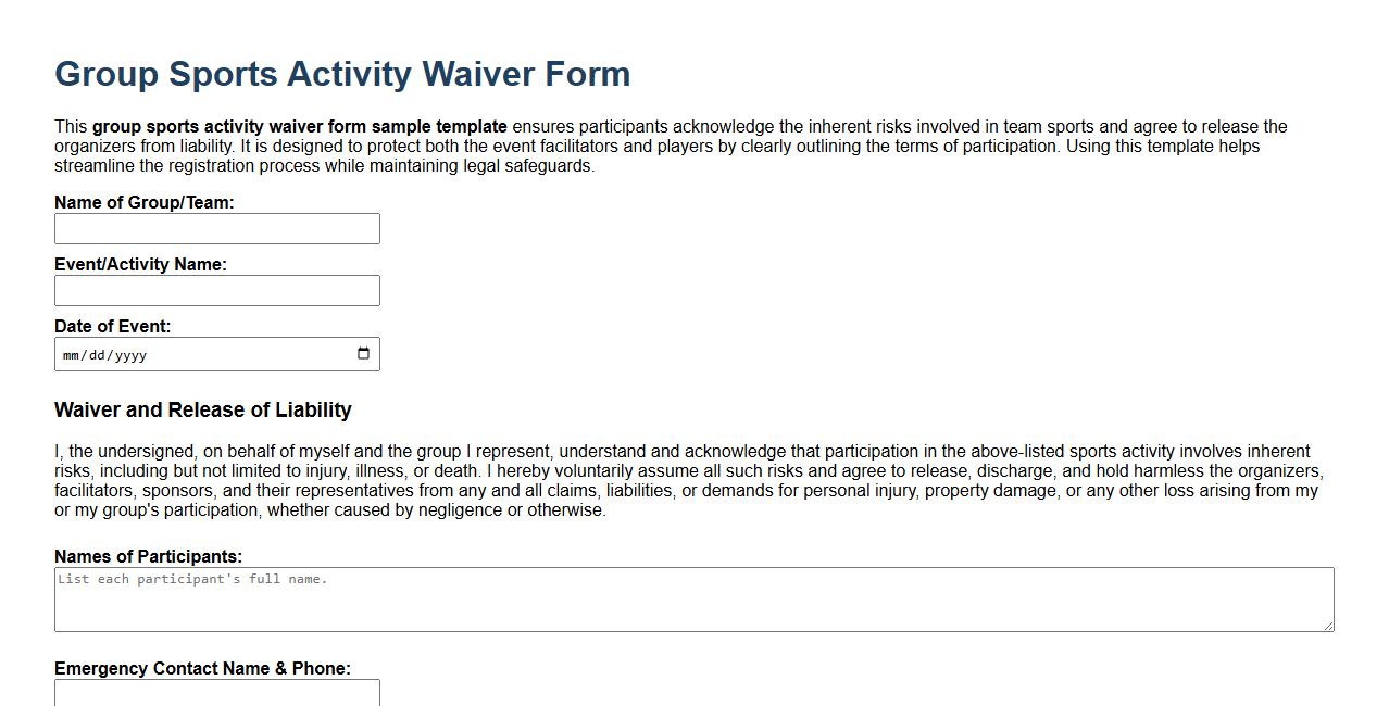 Group sports activity waiver form sample template image preview