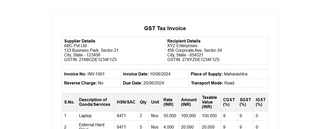 GST invoice format sample with HSN code image preview