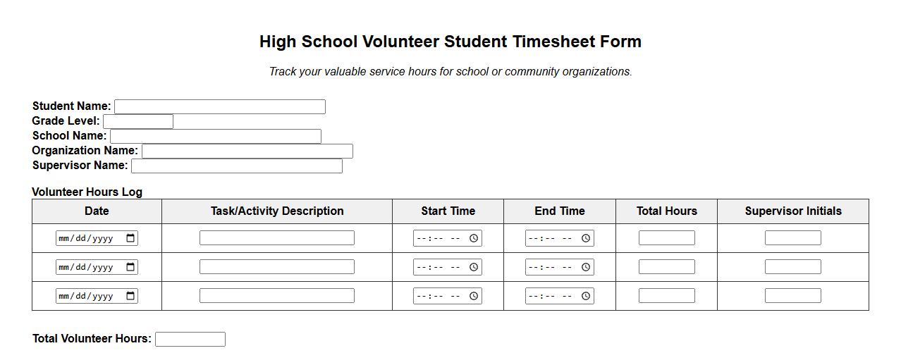 high school volunteer student timesheet form sample image preview