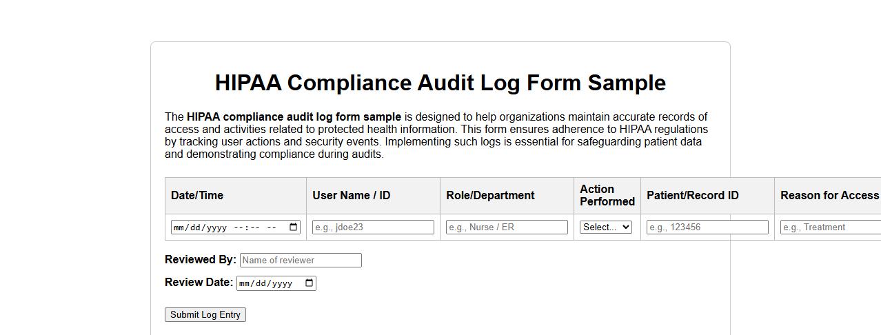 HIPAA compliance audit log form sample image preview
