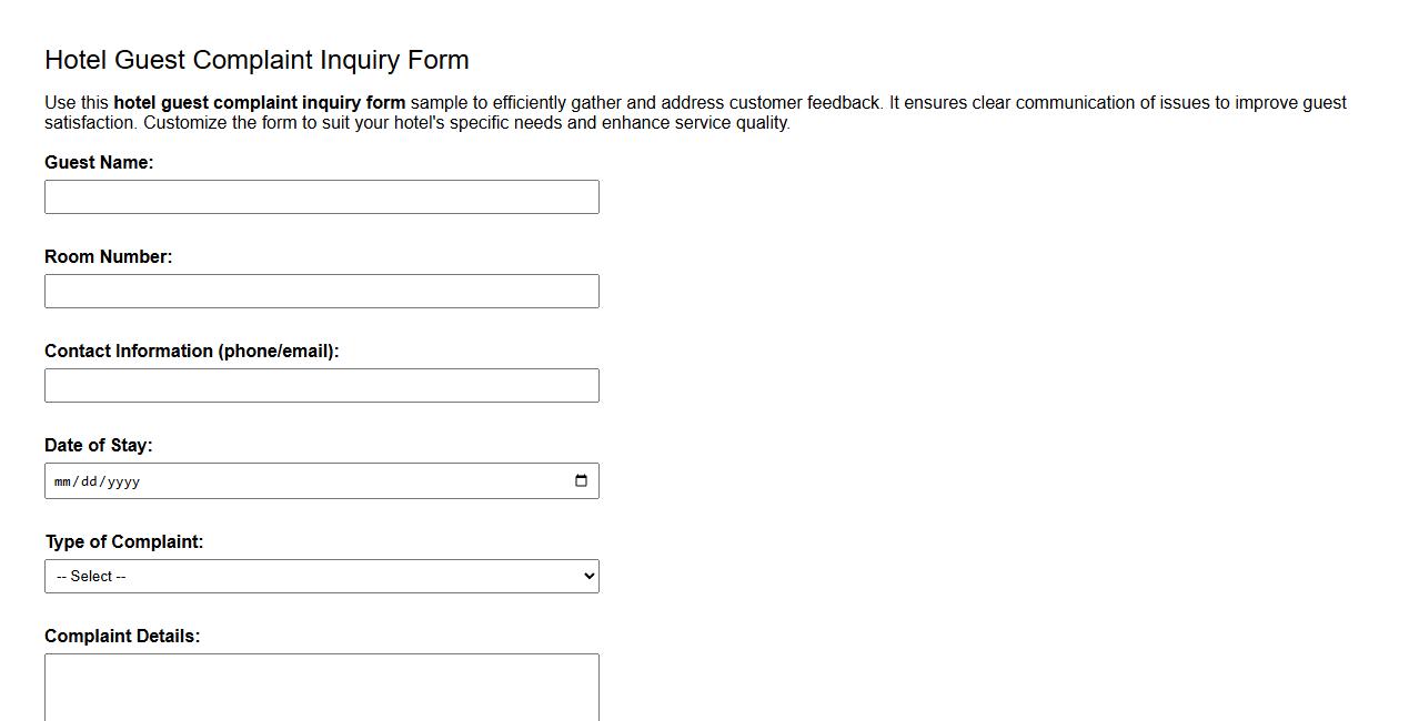 Hotel guest complaint inquiry form sample image preview