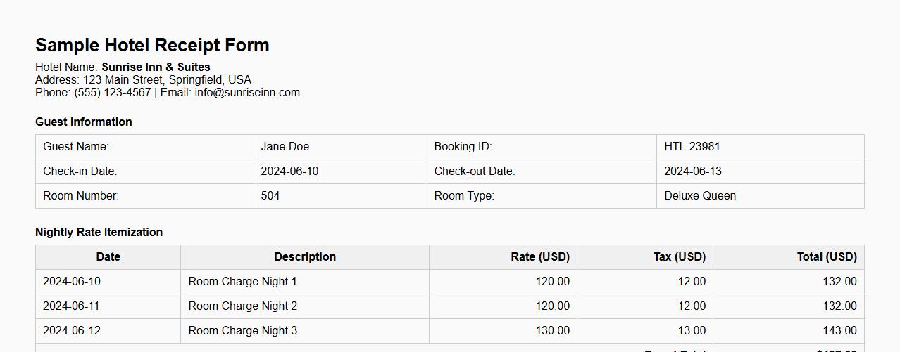 Hotel receipt form sample with nightly rate itemization image preview