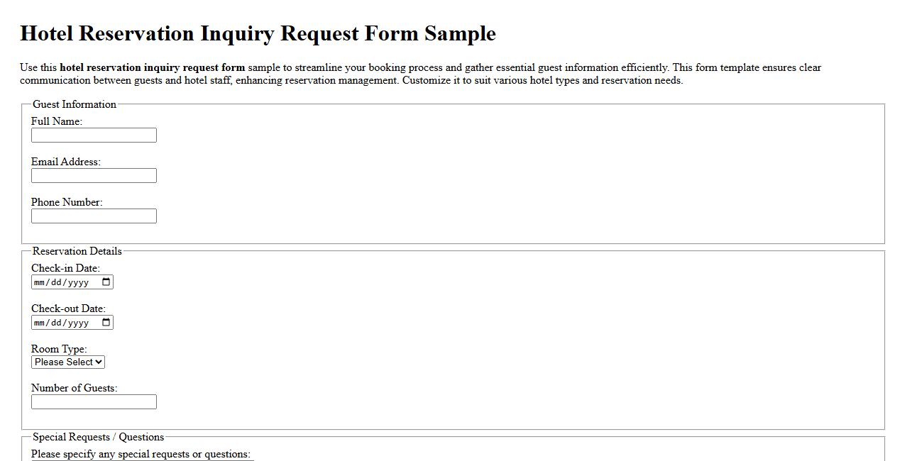 Hotel reservation inquiry request form sample image preview