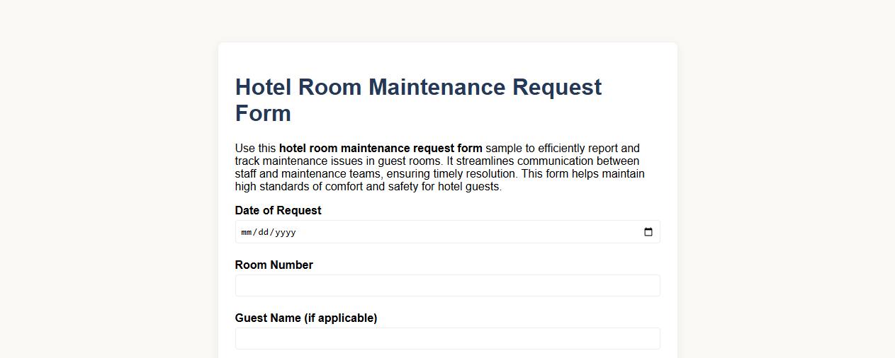 Hotel room maintenance request form sample image preview