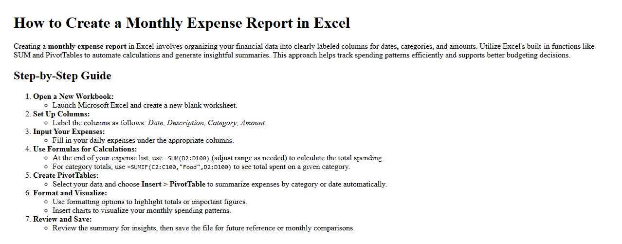how to create a monthly expense report in Excel image preview