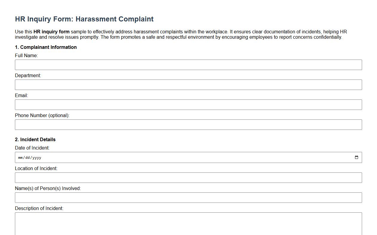 HR inquiry form sample addressing harassment complaints image preview