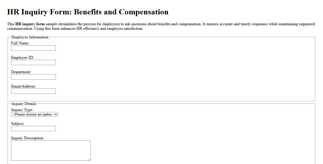 HR inquiry form sample for benefits and compensation image preview