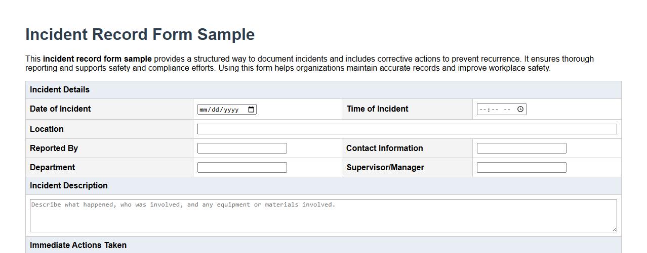 incident record form sample with corrective actions image preview