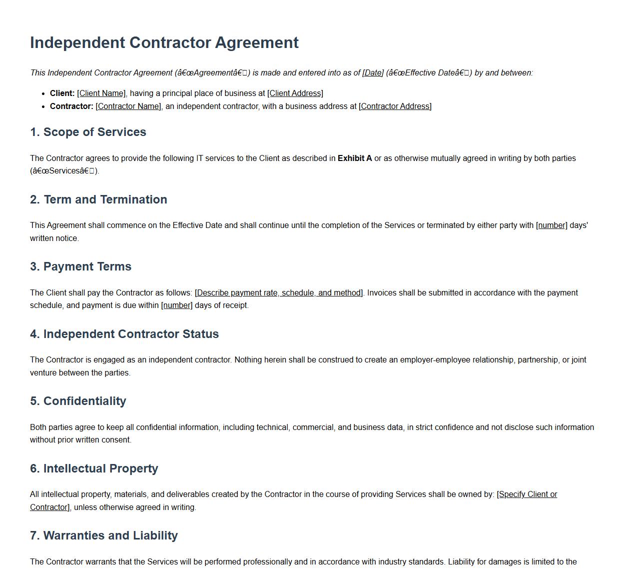 independent contractor agreement contract form sample for IT services image preview