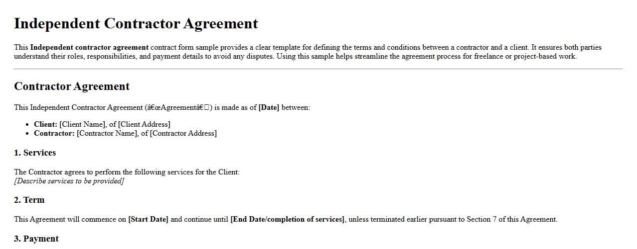 Independent contractor agreement contract form sample image preview