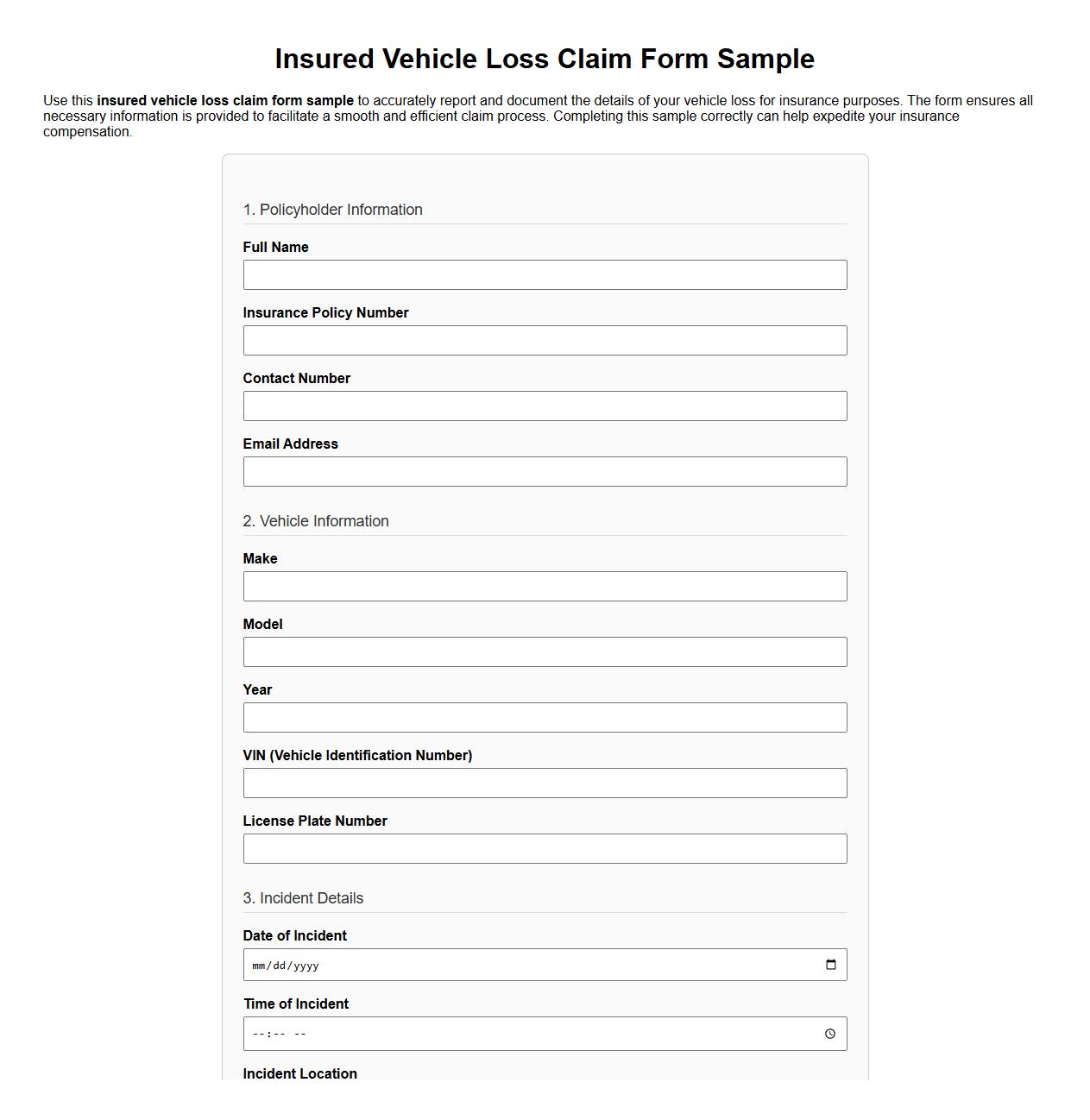 insured vehicle loss claim form sample image preview