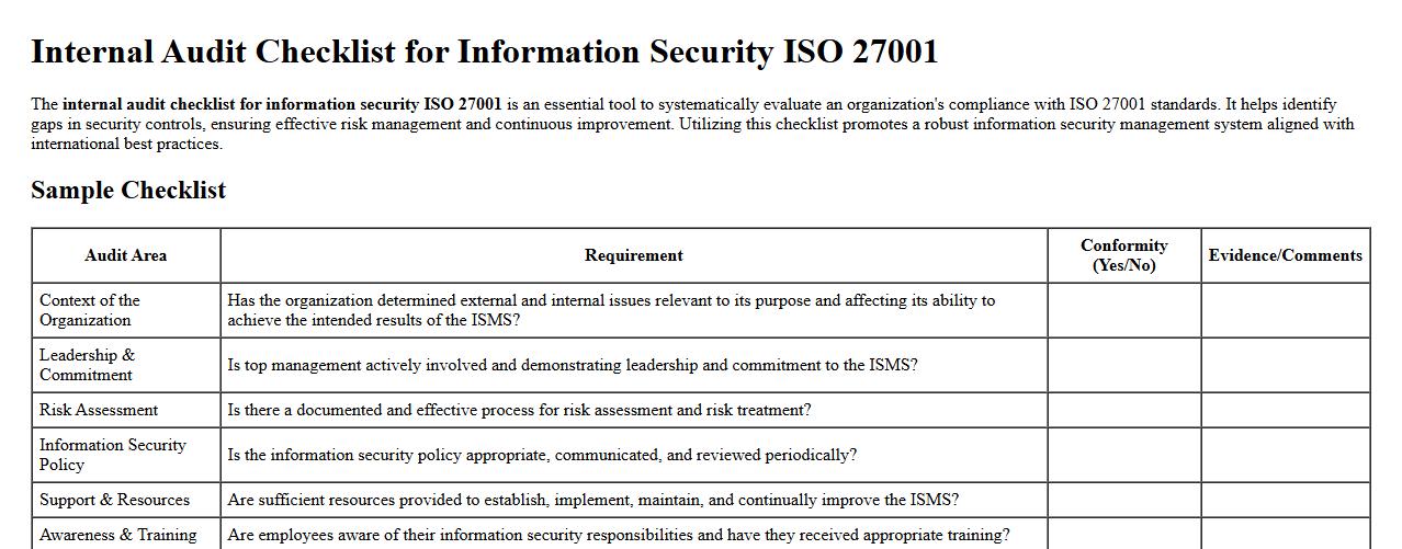 Internal audit checklist for information security ISO 27001 image preview