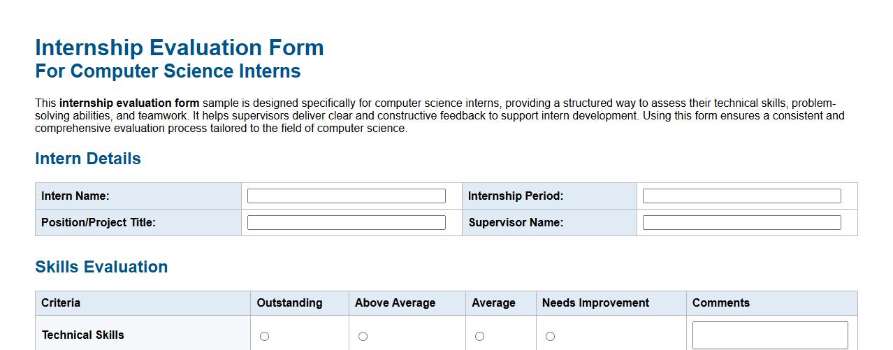 Internship evaluation form sample for computer science interns image preview