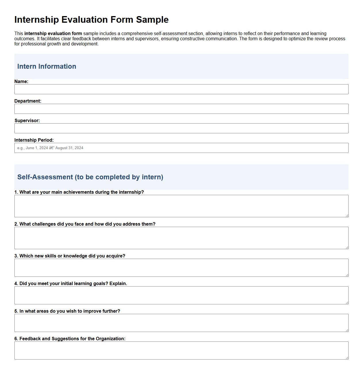 Internship evaluation form sample with self-assessment section image preview