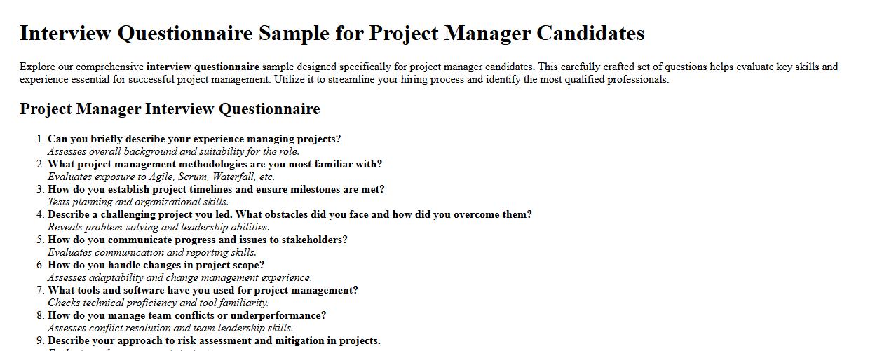 Interview questionnaire sample for project manager candidates image preview