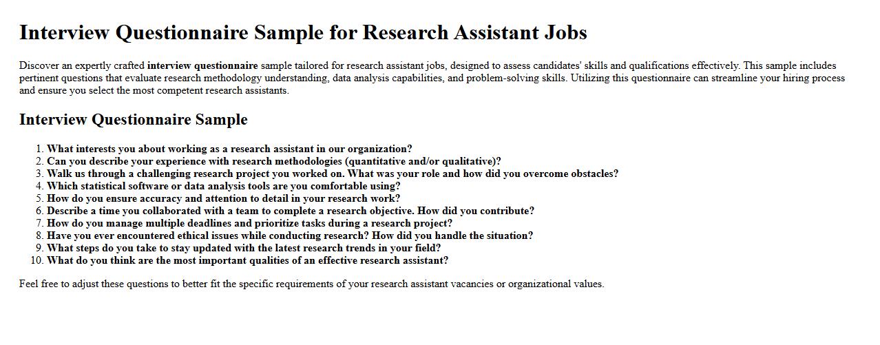 Interview questionnaire sample for research assistant jobs image preview