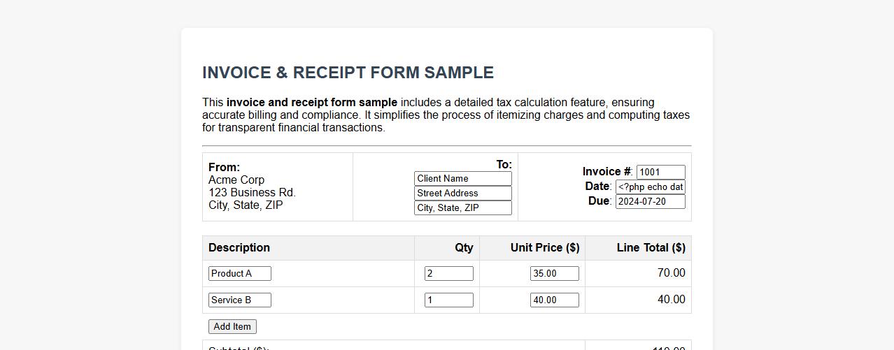 invoice and receipt form sample with tax calculation image preview