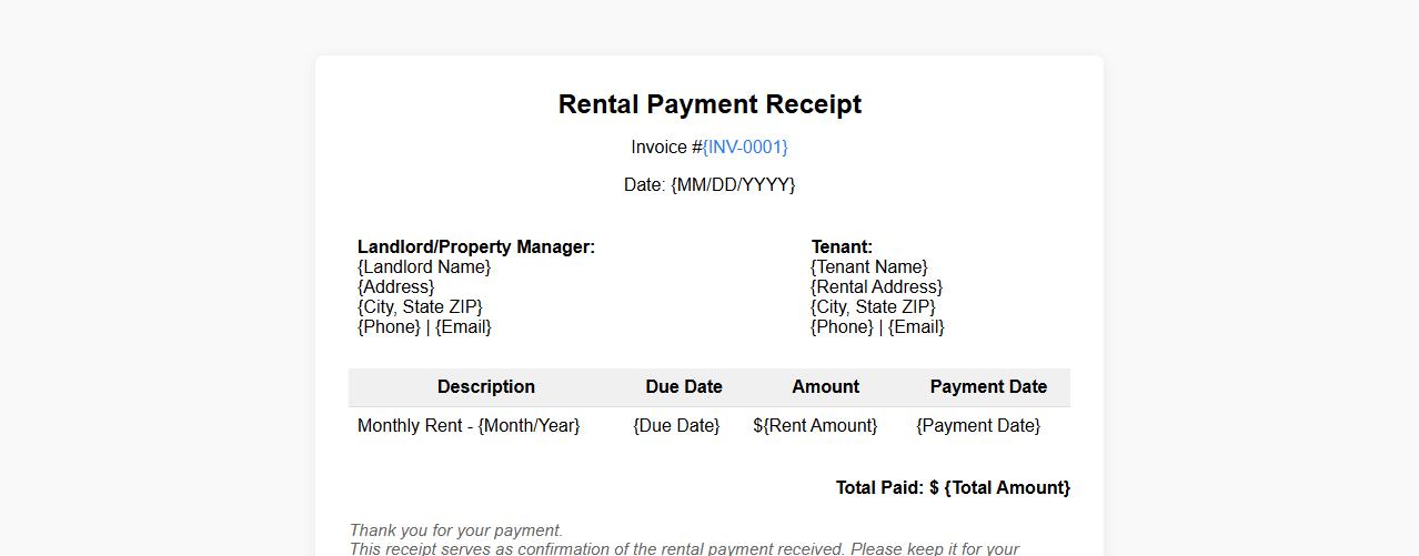 invoice receipt template for rental payment image preview