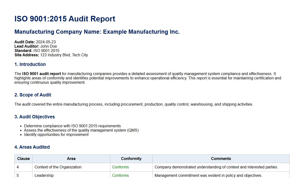 ISO 9001 audit report for manufacturing companies image preview