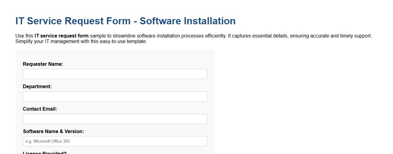IT service request form sample for software installation image preview