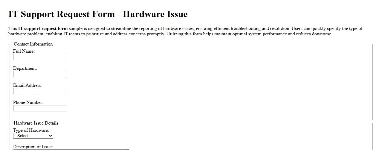 IT support request form sample for hardware issues image preview