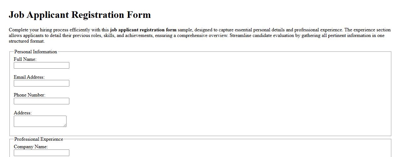 Job applicant registration form sample with experience section image preview