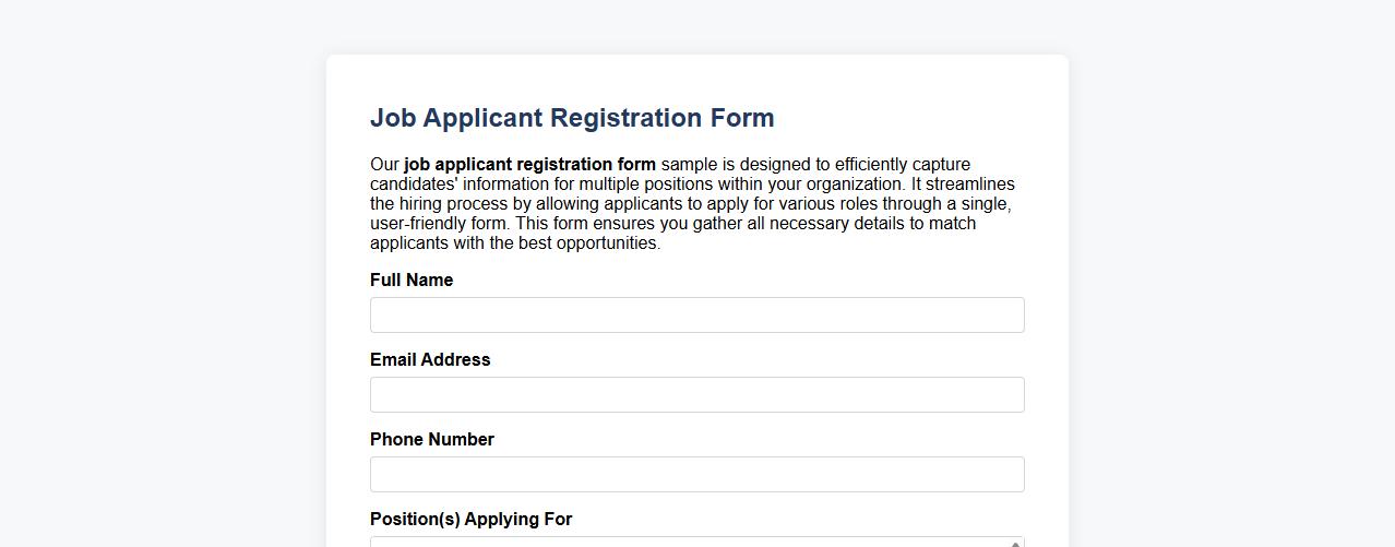 Job applicant registration form sample with multiple positions image preview