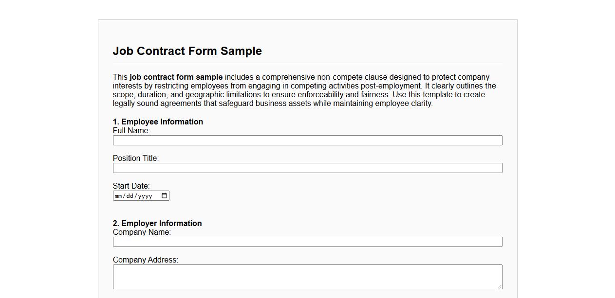 Job contract form sample with non-compete clause image preview