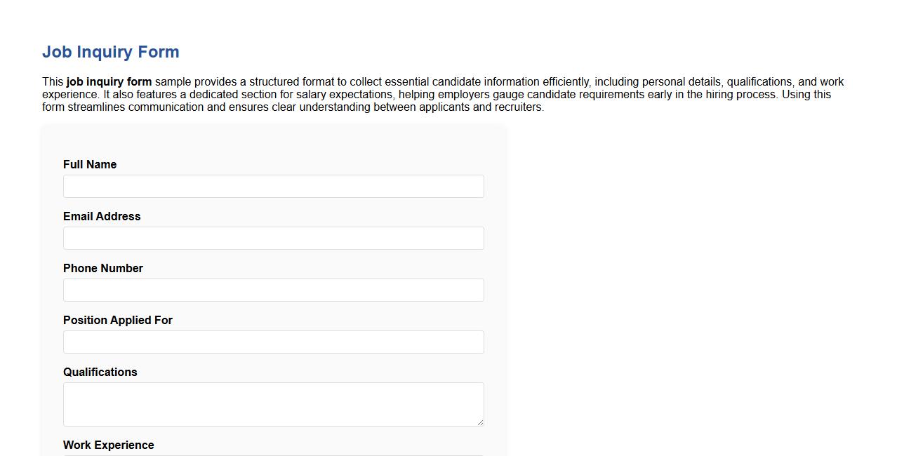 Job inquiry form sample including salary expectations image preview