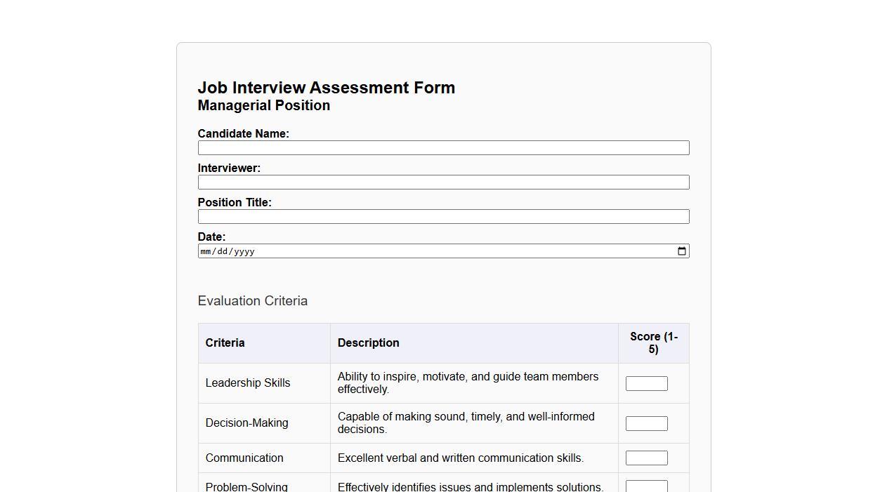 job interview assessment form sample for managerial positions image preview