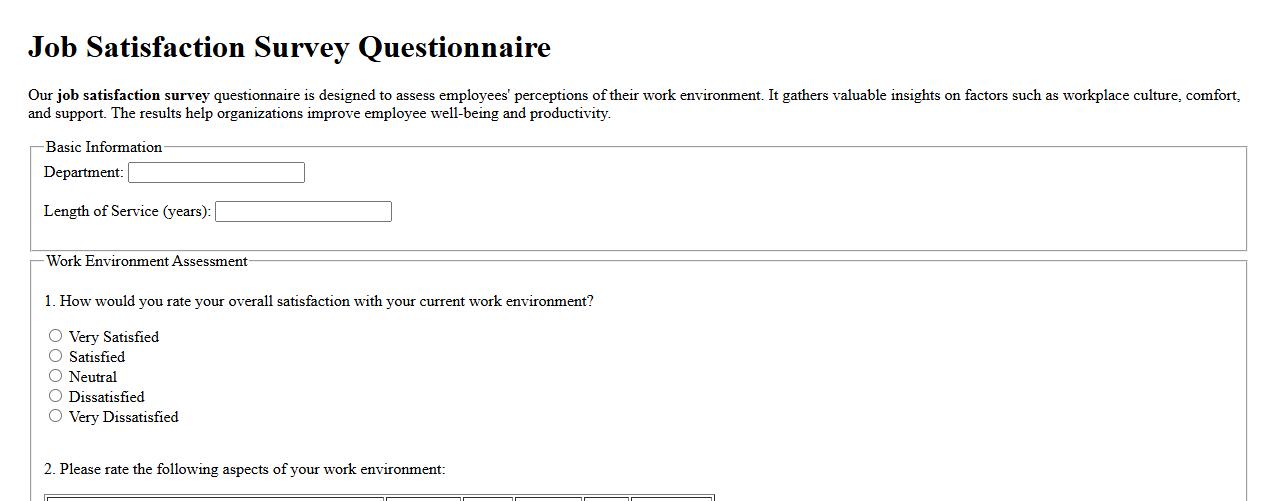 Job satisfaction survey questionnaire on work environment image preview