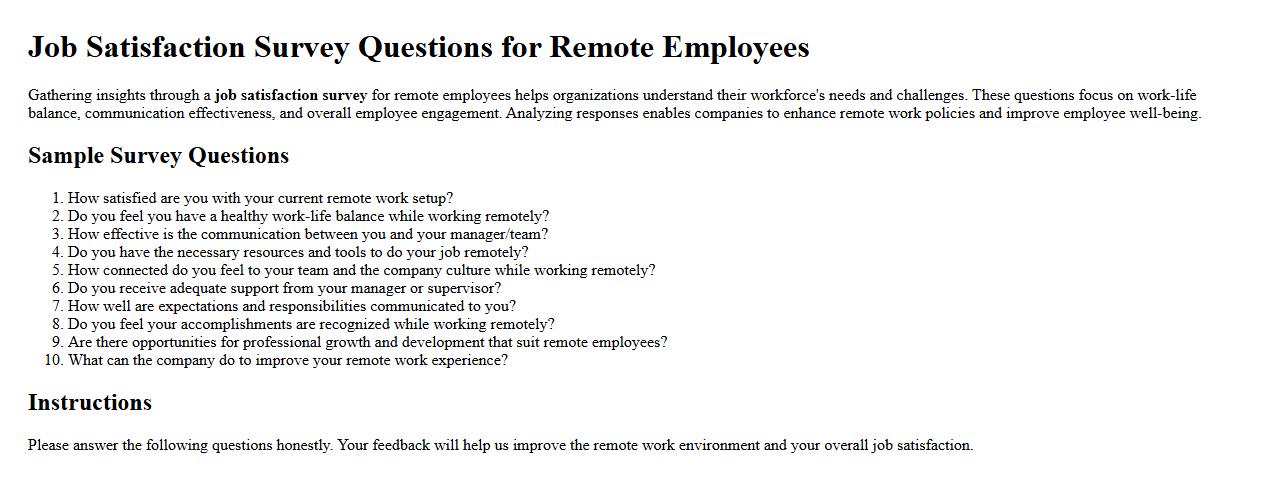 Job satisfaction survey questions for remote employees image preview