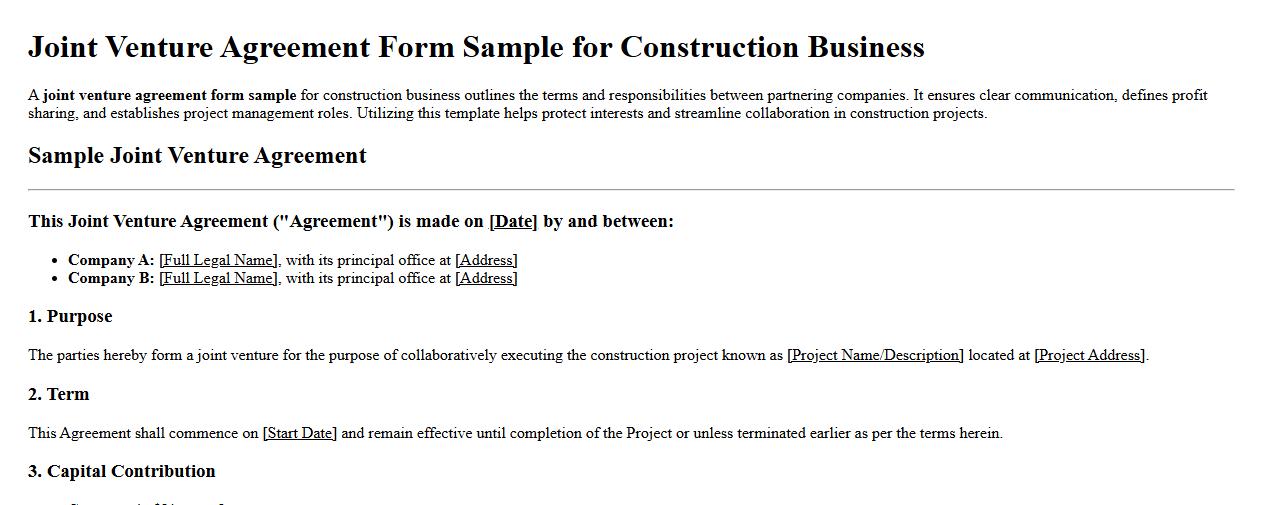 Joint venture agreement form sample for construction business image preview