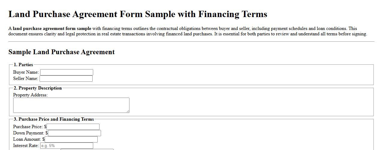 Land purchase agreement form sample with financing terms image preview