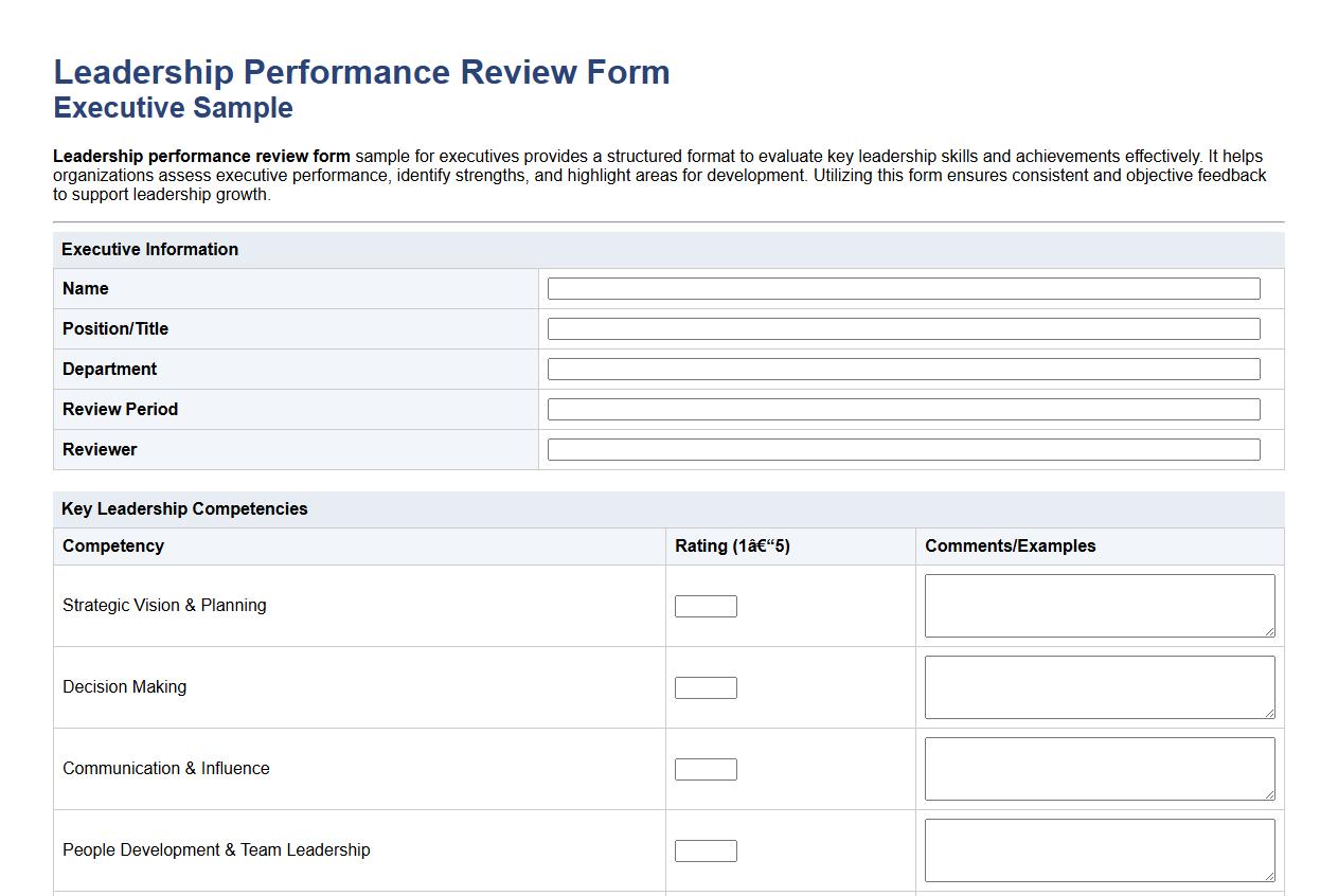 Leadership performance review form sample for executives image preview