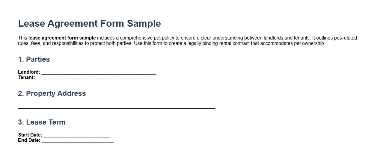 Lease agreement form sample with pet policy image preview