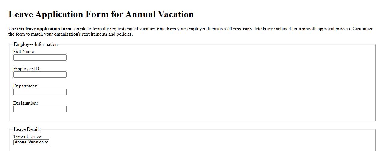 Leave application form sample for annual vacation image preview