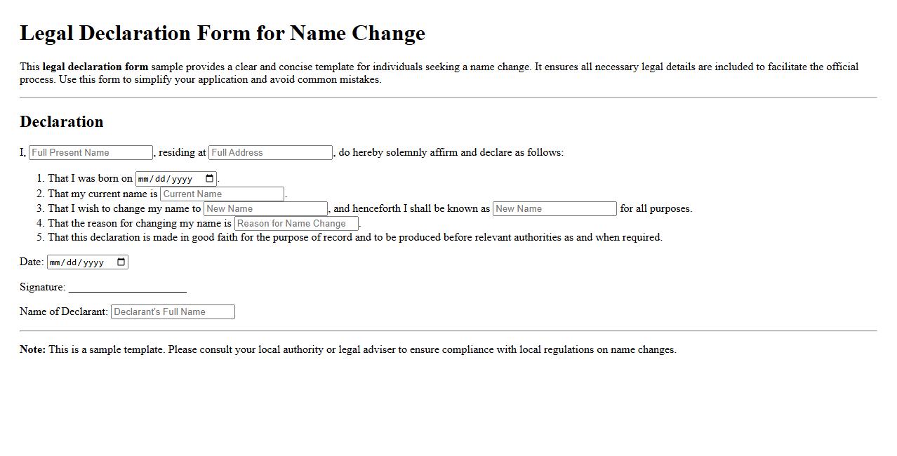 Legal declaration form sample for name change image preview