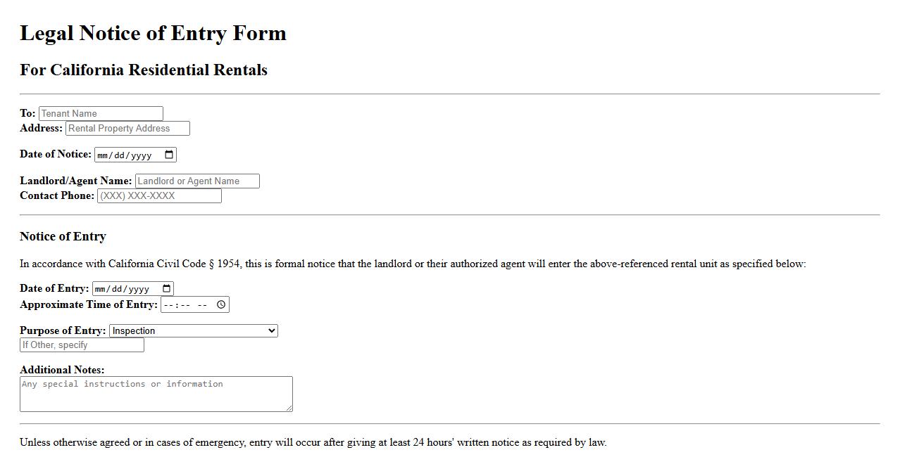 legal notice of entry form sample for California rentals image preview