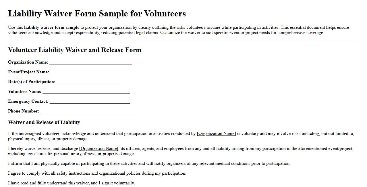 Liability waiver form sample for volunteers image preview