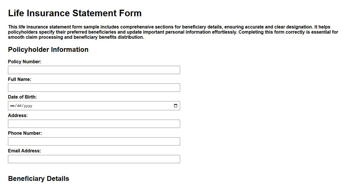 Life insurance statement form sample with beneficiary details image preview