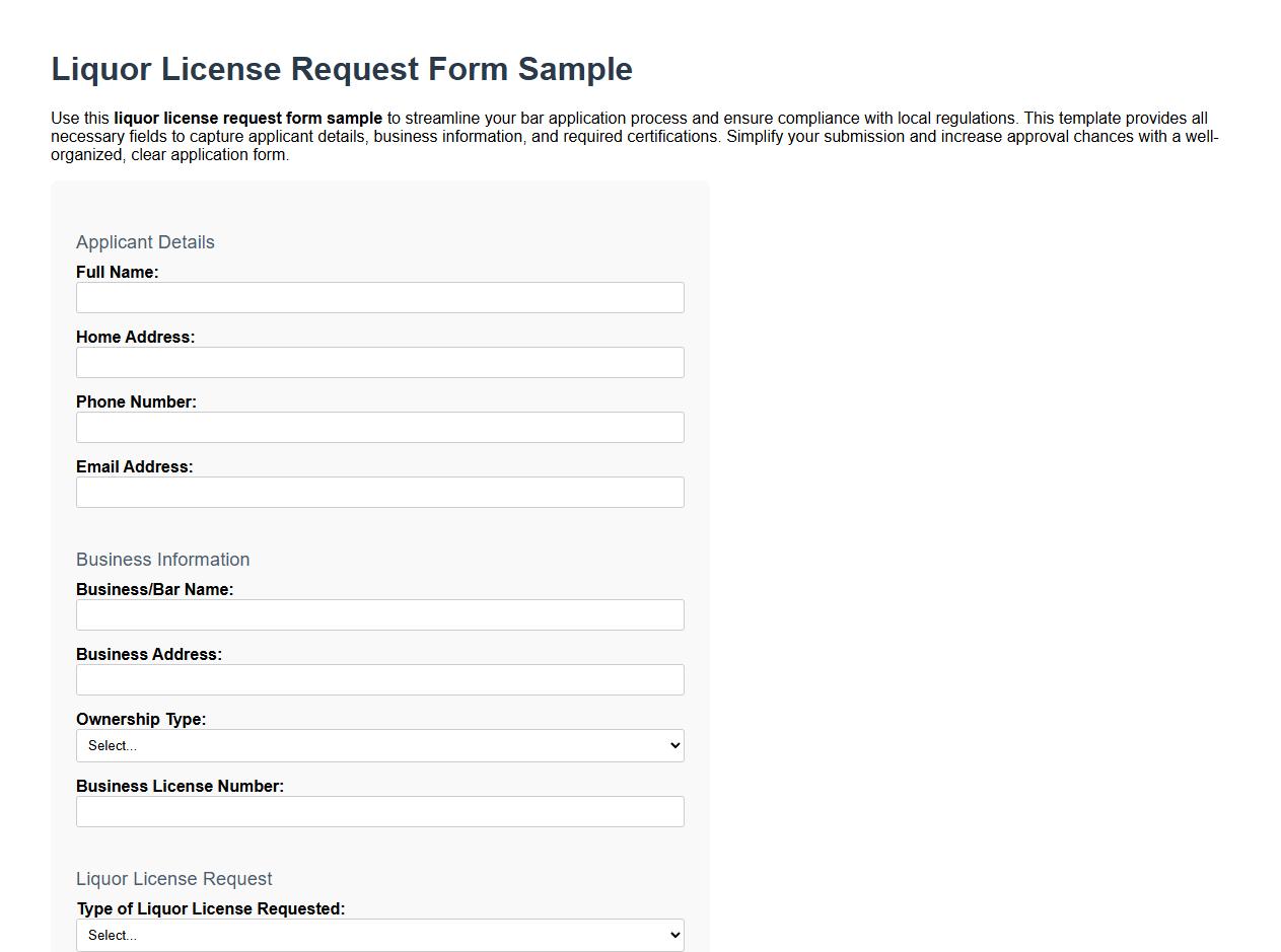 Liquor license request form sample for bar application image preview